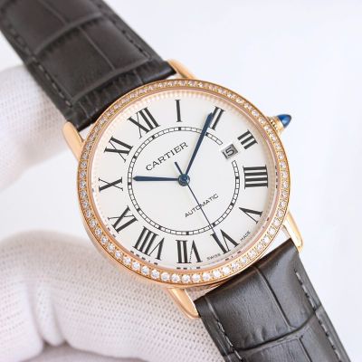 Cartier Ronde de 9015 Movement Waterproof 30m WG/RG Case Black Leather Band 40mm Watch